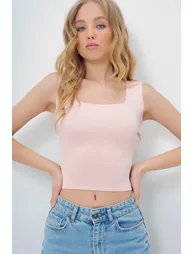 Women's Pink Square Neck Slim Mercerized Top