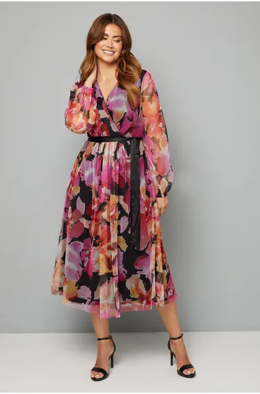 Floral Mesh Satin Tie Midi Dress