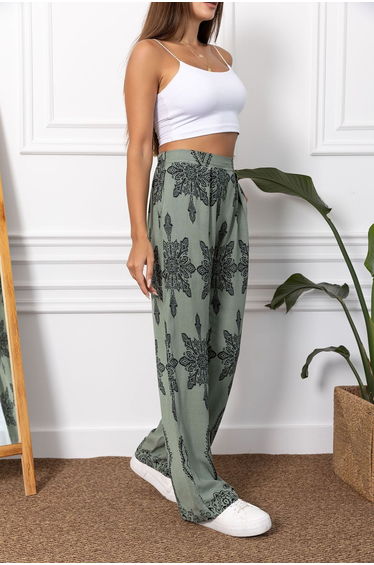 Women's Green Patterned Wide Leg Palazzo Trousers