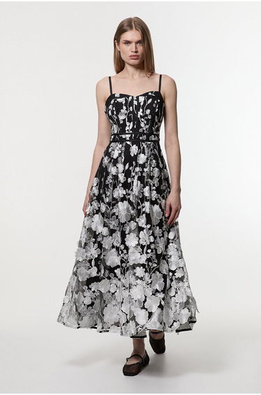 Floral Applique Corset Detail Woven Midi Dress