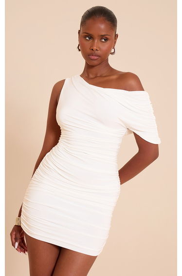 White Double Layer Slinky Ruched Drape Detail Mini Dress