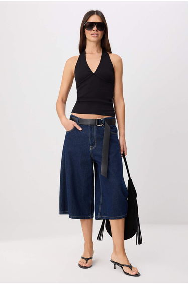 Black Fitted Halter Neck Tie-Detail Sleeveless Corded Fabric Stretchy Knitted Blouse
