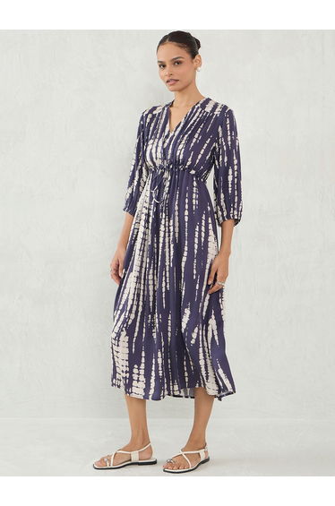 Tie and Dye Printed V Neck A-Line Midi Dress