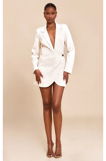 Cream Woven Wrap Skirt Blazer Dress
