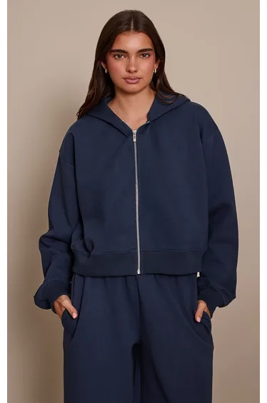 Navy Interlock Cropped Zip Up Hoodie