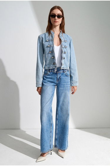 DILVIN Crop Denim Jacket With Mandarin Collar