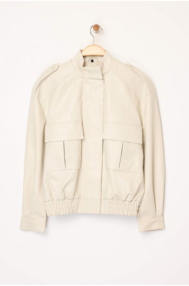 Ecru Oversize Pattern Faux Leather Bomber Slim Jacket Coat
