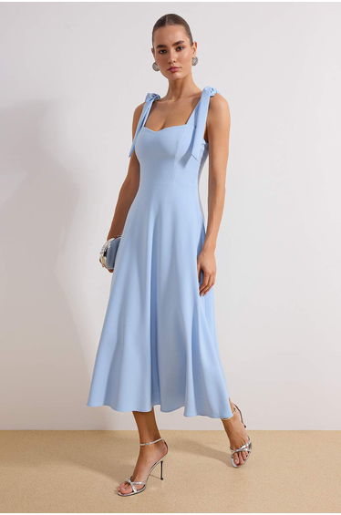 Light Blue A-Line Strap Binding Detail Woven Midi Stylish Evening Dress Night Graduation Dress