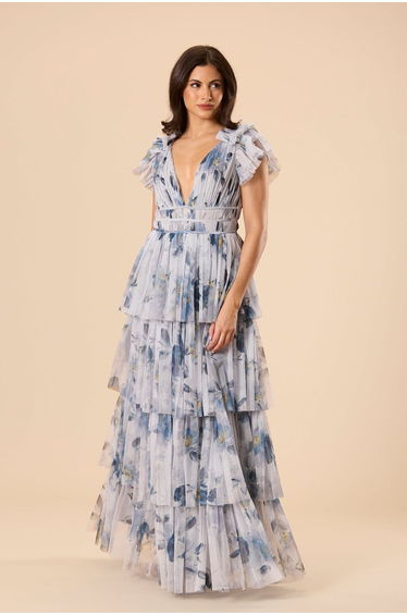 Naomi Tulle Maxi Dress in Grey Magnolia Print
