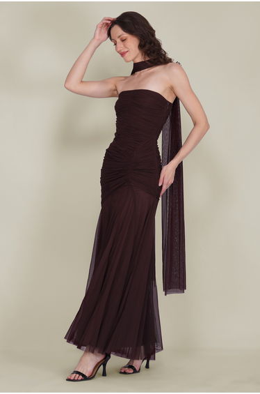 Kadie Strapless Tulle Maxi Dress in Chocolate Plum With Scarf