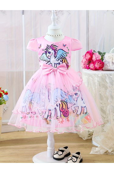 Graphic Print Puff Sleeve Bow Detail Knee Length Dress