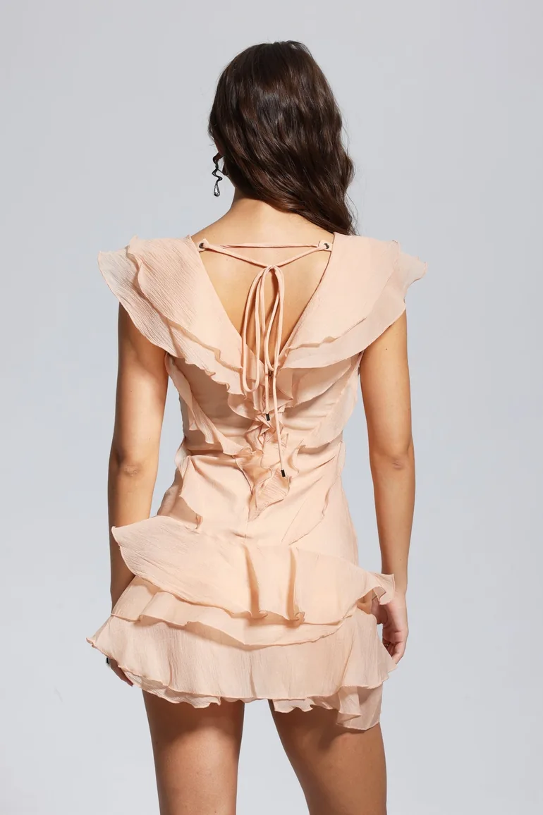 Maura V Neck Ruffle Asymmetric Mini Dress In Champagne Innovare Denim Pink  : Party Dresses : VogaCloset Saudi Arabia