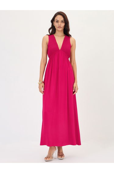 Hot Pink Smocked Sleeveless Maxi Dress
