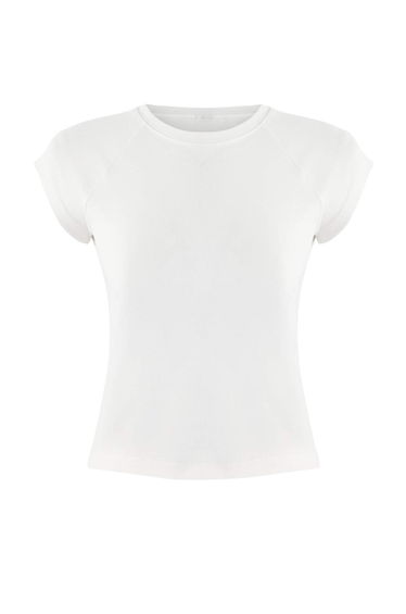 Ecru Fitted/Fitted to the Body Raglan Sleeve Short Sleeve Cotton Ribbed Knitted T-Shirt