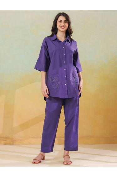 Purple Cotton Longline Shirt and Pants Co-ord Set