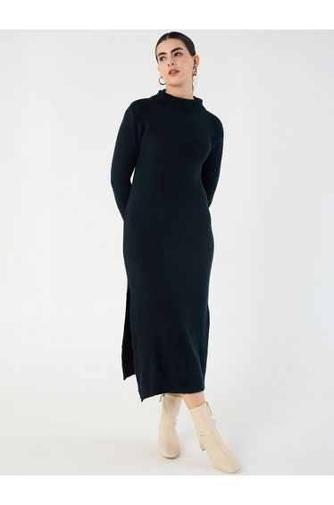 Black High Neck Side Slit Knitted Midi Dress