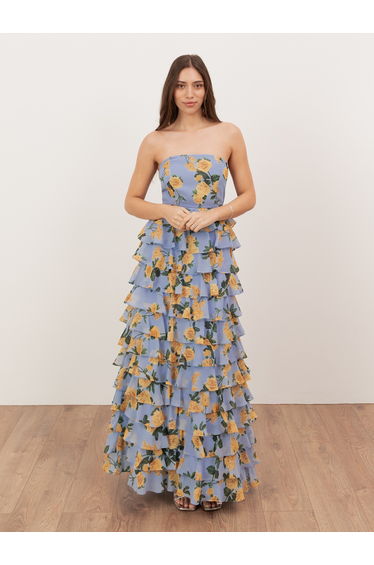 Anaya With Love Recycled Blue Floral Bandeau Tiered Maxi Dress