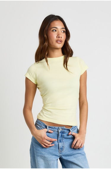 Basic Short Sleeve Longline Fitted Top - butter