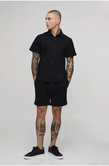 Slim Fit Shirt and Slim Short Set - black