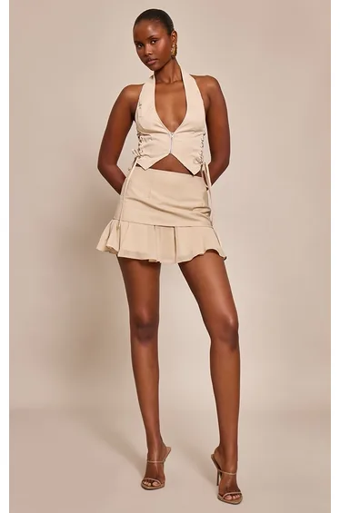 Cream Cargo Lace Up Side Zip Up Crop Top