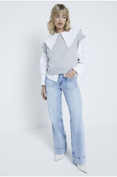 Blue high waisted flared wide leg jeans