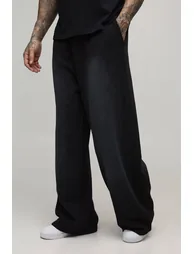 بنطلون رياضة بوهو مان أسود بقصة عريضة - للمقاسات الطويلة