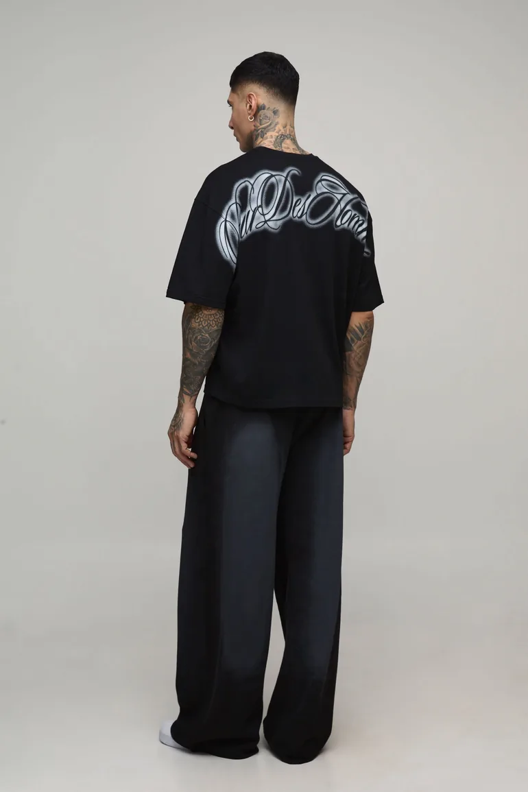 بنطلون رياضة بوهو مان أسود بقصة عريضة - للمقاسات الطويلة - 1