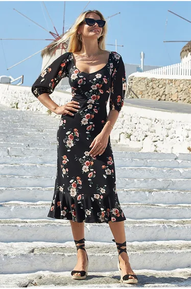 Black Floral Print Sweetheart Neckline Midi Jersey Dress