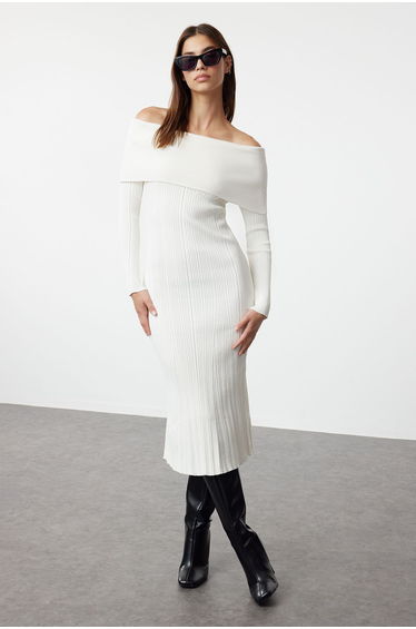 Ecru Midaxi Knitwear Basic Carmen Collar Dress