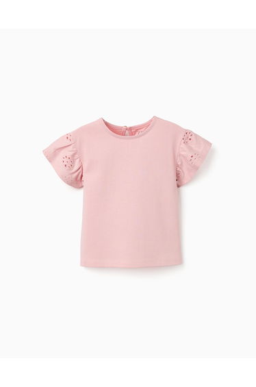 Cotton T-Shirt With Sleeves In Broderie Anglaise For Baby Girls, Pink