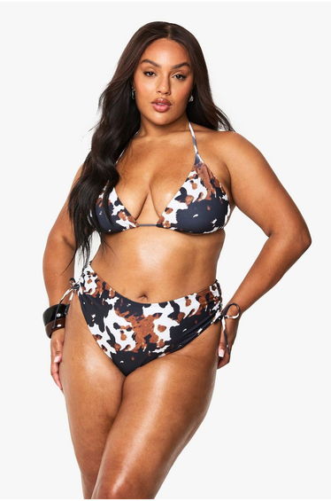 Plus Cow Print Triangle High Waist Bikini Bottom - brown