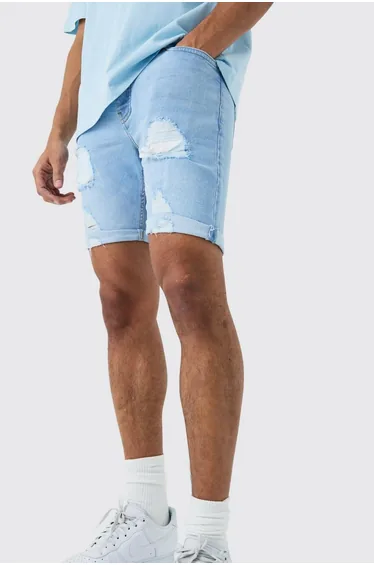 Skinny Stretch Distressed Denim Shorts In Light Blue - light blue