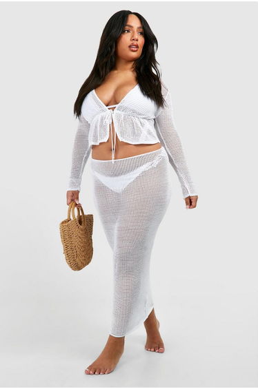 Plus Long Sleeve Tie Top And Skirt Beach Co-ord - white
