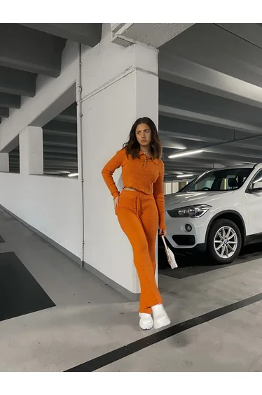 Glamorous Care Rust Melange Button Front Cropped Collar Jumper