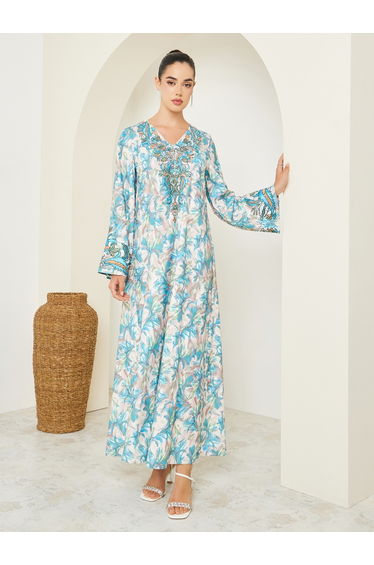Women Blue Floral Print Embroidered Jalabiya