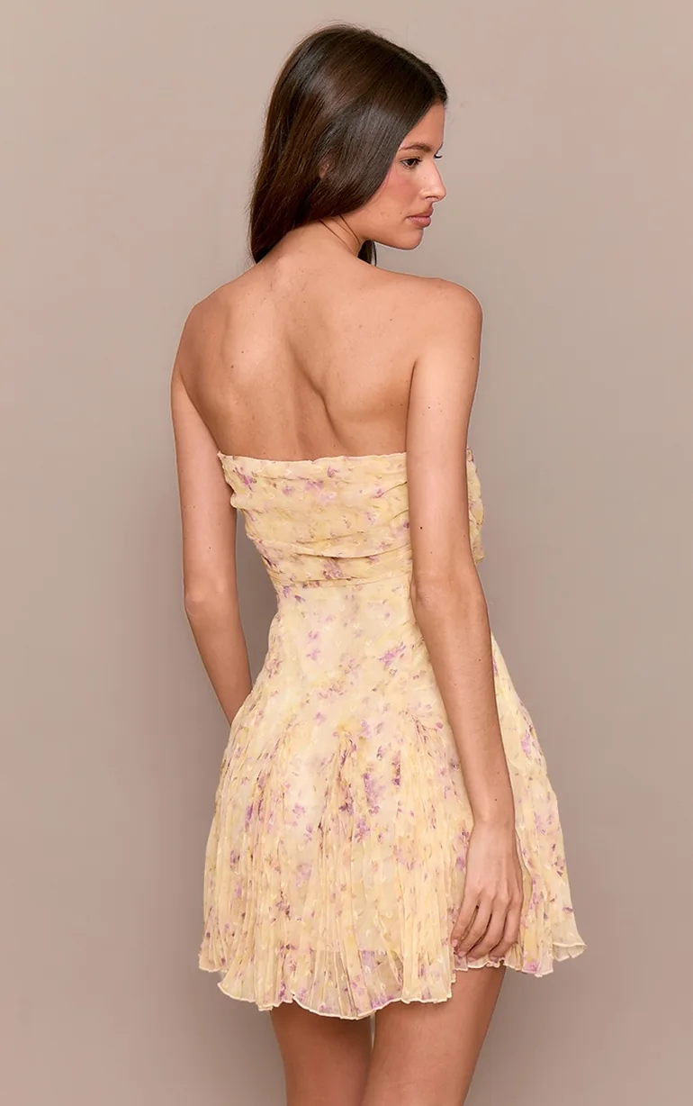 Pale Yellow Chiffon Ditsy Floral Print Fishtail Mini Dress - 2