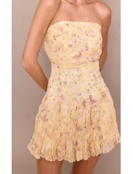 Pale Yellow Chiffon Ditsy Floral Print Fishtail Mini Dress - 3
