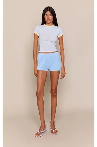Blue Rib Sheer Contrast Detail Short Sleeve Top