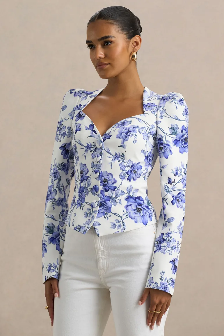 Olympia | Blue Floral Print Sweetheart-Neck Tailored Top - 3