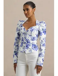 Olympia | Blue Floral Print Sweetheart-Neck Tailored Top - 3