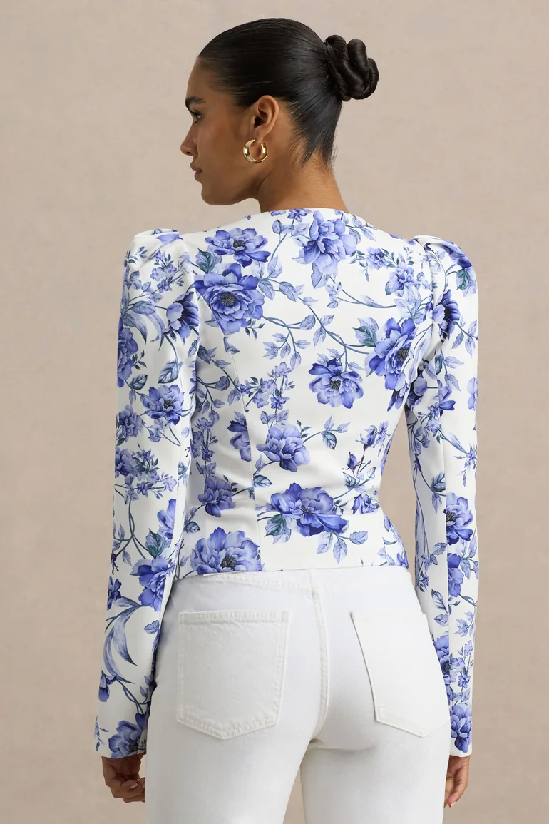 Olympia | Blue Floral Print Sweetheart-Neck Tailored Top - 2