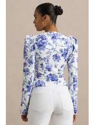 Olympia | Blue Floral Print Sweetheart-Neck Tailored Top - 2