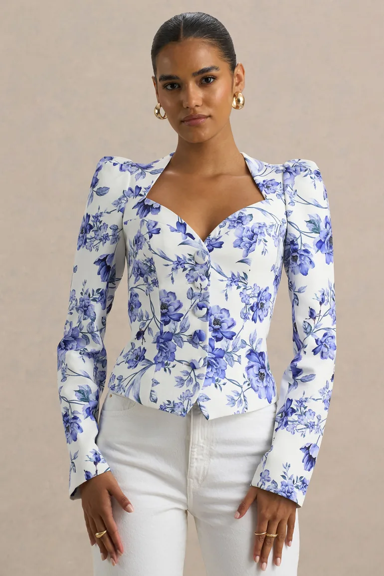 Olympia | Blue Floral Print Sweetheart-Neck Tailored Top - 1
