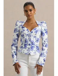 Olympia | Blue Floral Print Sweetheart-Neck Tailored Top - 1