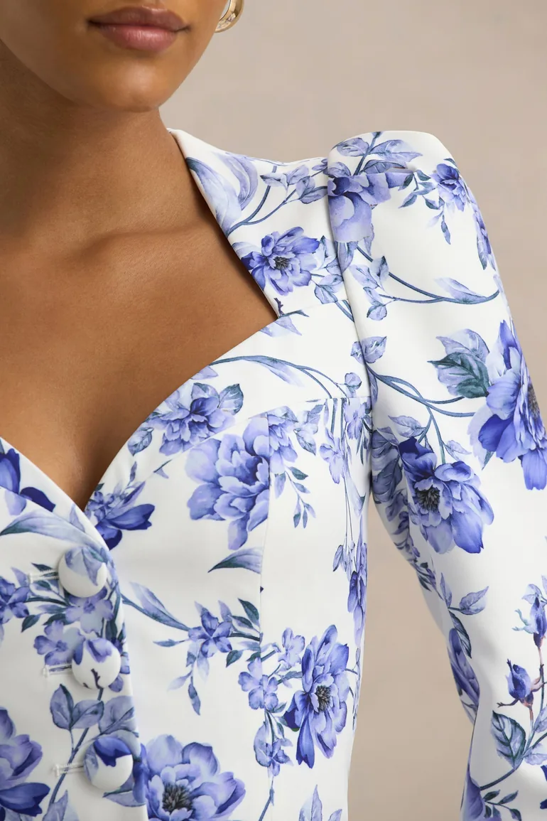 Olympia | Blue Floral Print Sweetheart-Neck Tailored Top - 5