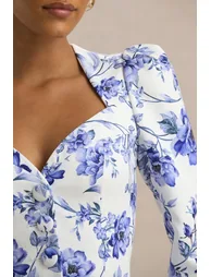 Olympia | Blue Floral Print Sweetheart-Neck Tailored Top - 5