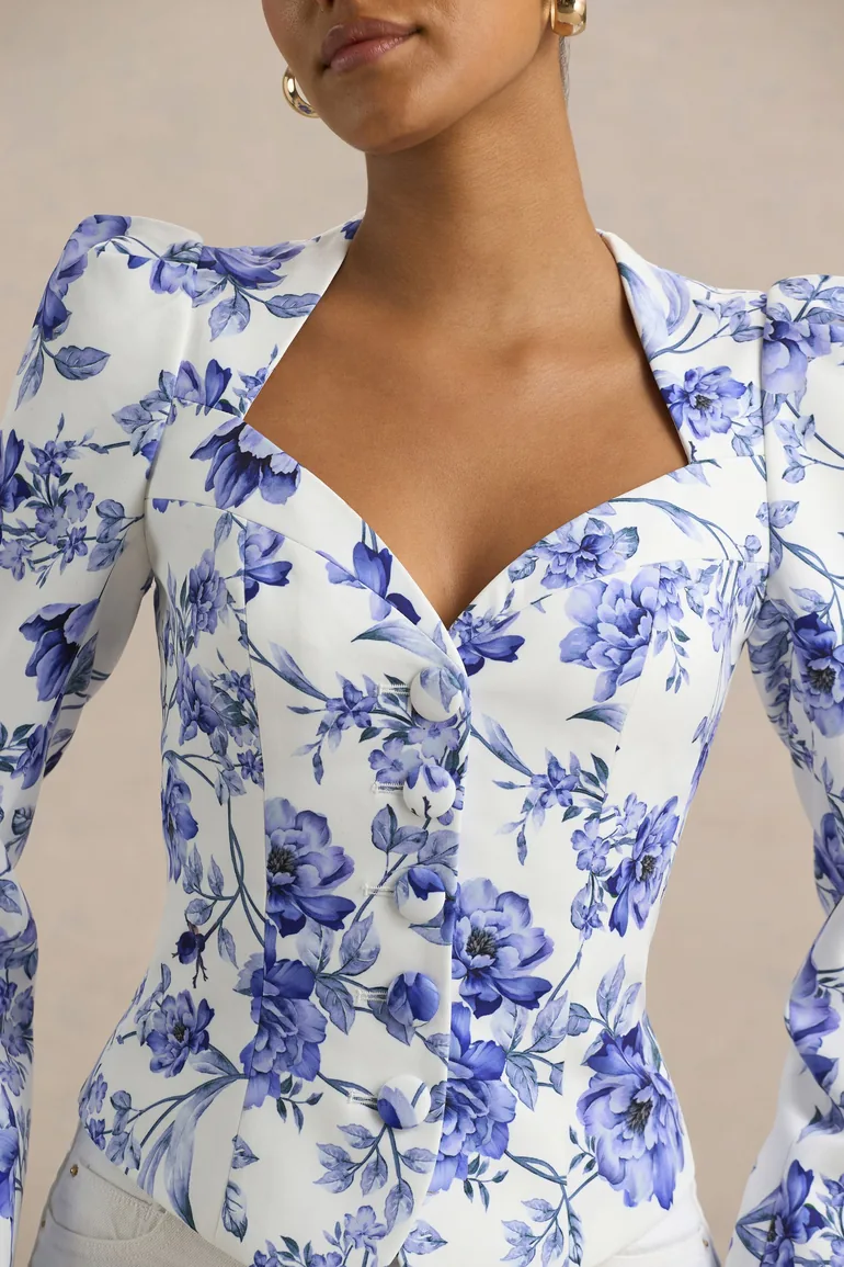 Olympia | Blue Floral Print Sweetheart-Neck Tailored Top - 4