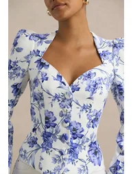 Olympia | Blue Floral Print Sweetheart-Neck Tailored Top - 4