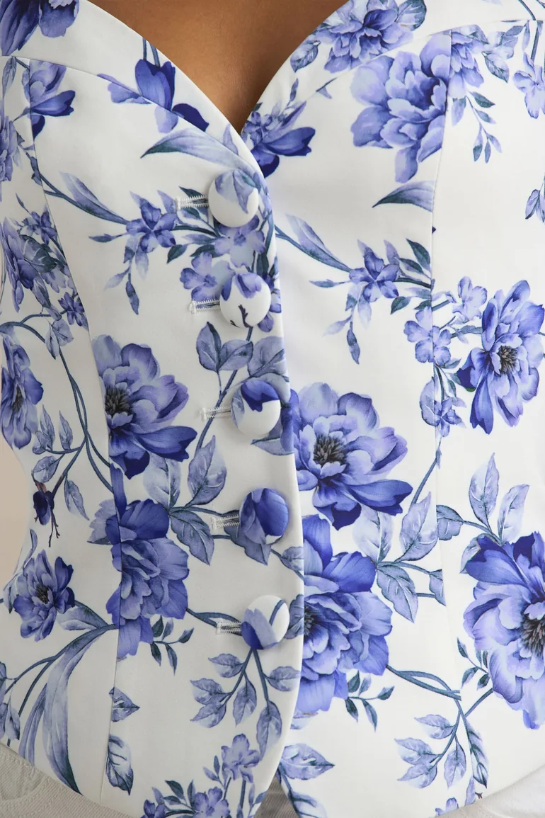Olympia | Blue Floral Print Sweetheart-Neck Tailored Top - 6
