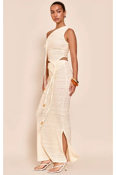 Butter Cream Textured Bead Asymmetrical Maxi Skirt